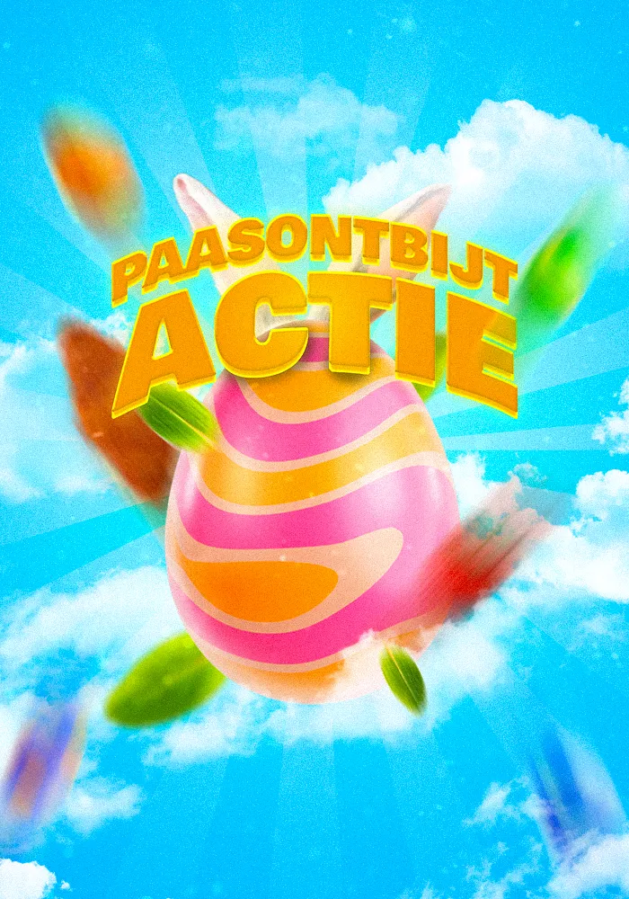 Promotiebanner voor de Paasontbijt Actie van Winkelcentrum Hasselo met een kleurrijk paasei, paashaas en vliegende paaseieren tegen een blauwe lucht