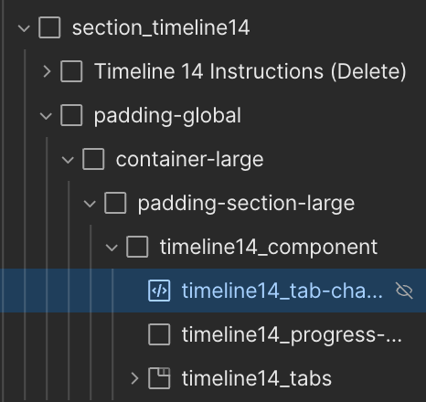 Code editor displaying a nested folder structure with highlighted file timeline14_tab-cha inside timeline14_component folder.