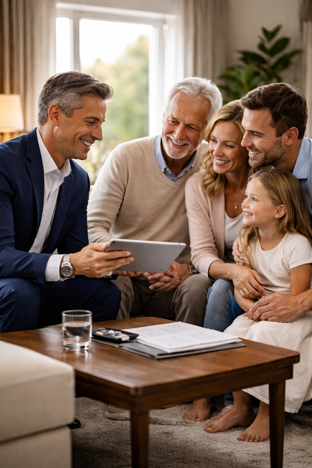 A professional showing a tablet to a smiling multi-generation family sitting on a couch in a cozy living room.