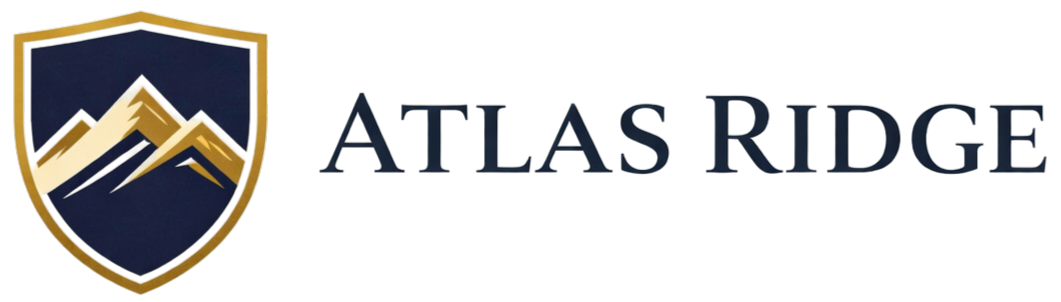 Atlas Ridge logo featuring stylized gold mountain peaks inside a gold-edged shield next to the text 'ATLAS RIDGE'.