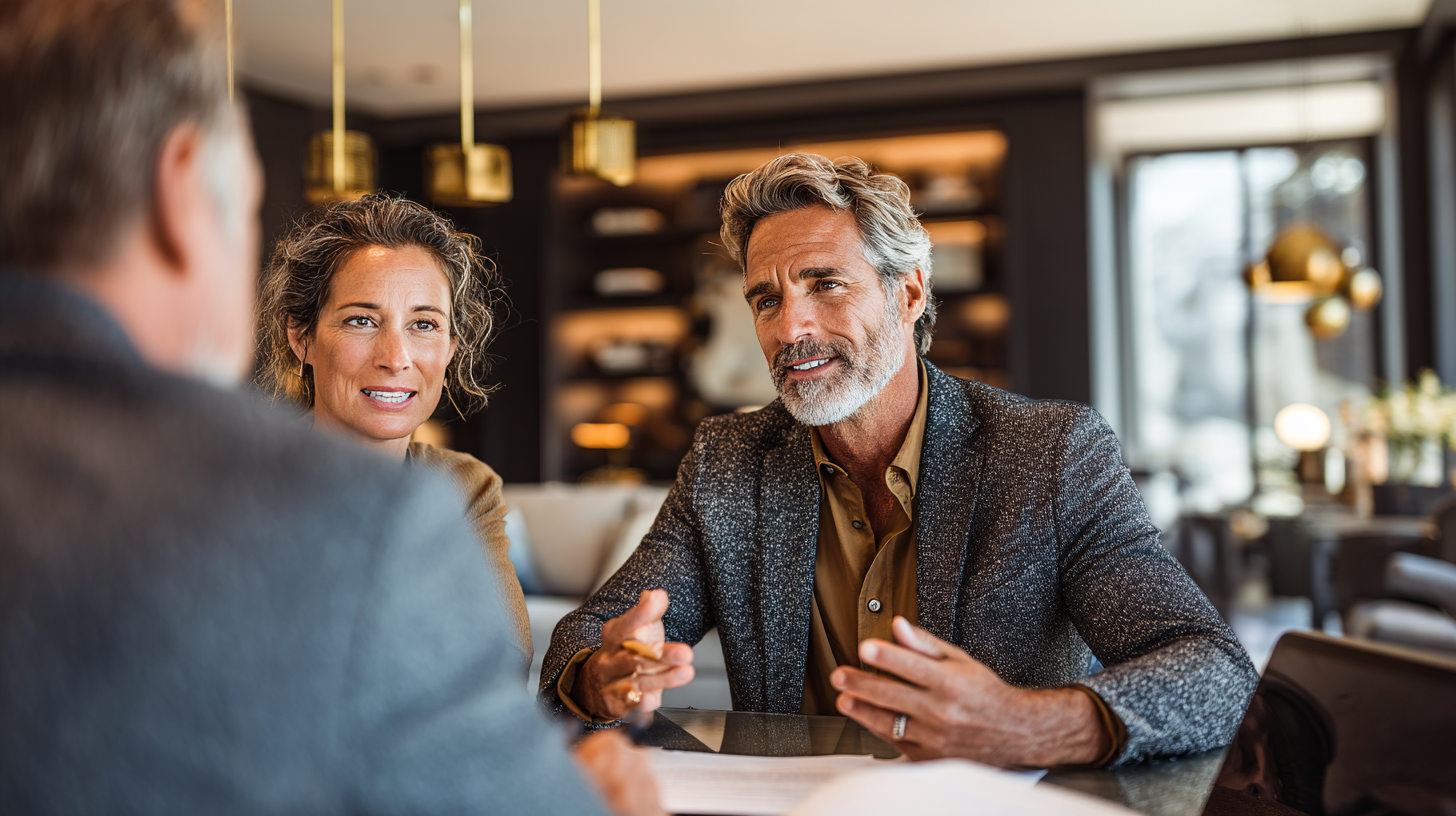 Middle-aged couple attentively discussing papers with a professional in a modern office setting.