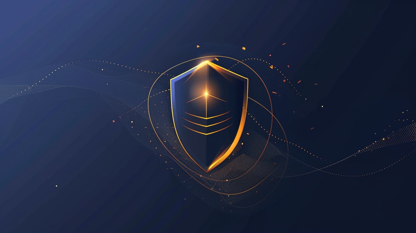 Dark blue shield with glowing gold edges and decorative lines surrounded by abstract golden particles and light trails.