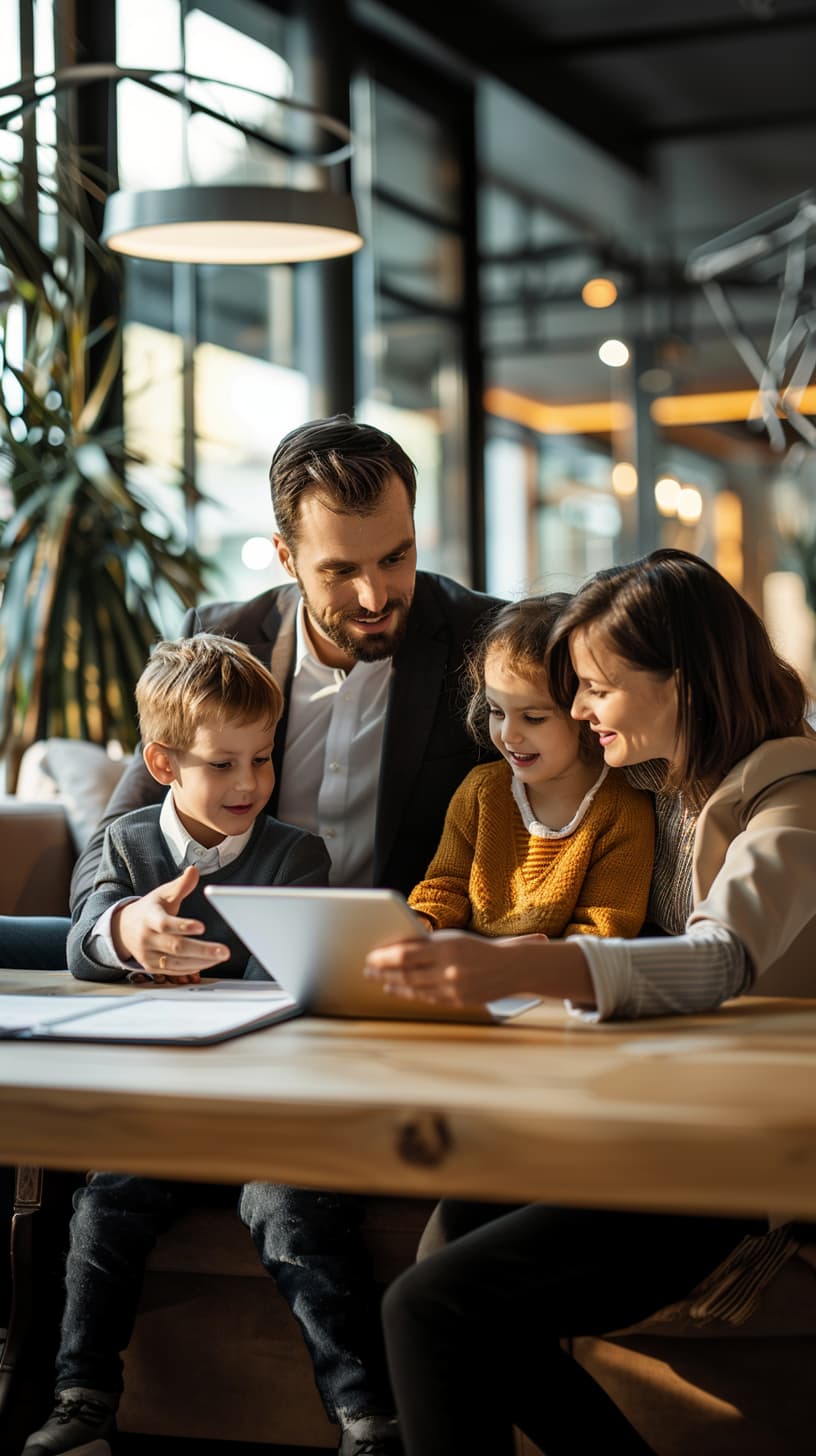 Smiling family of four sitting at a table, engaging with a digital tablet indoors.