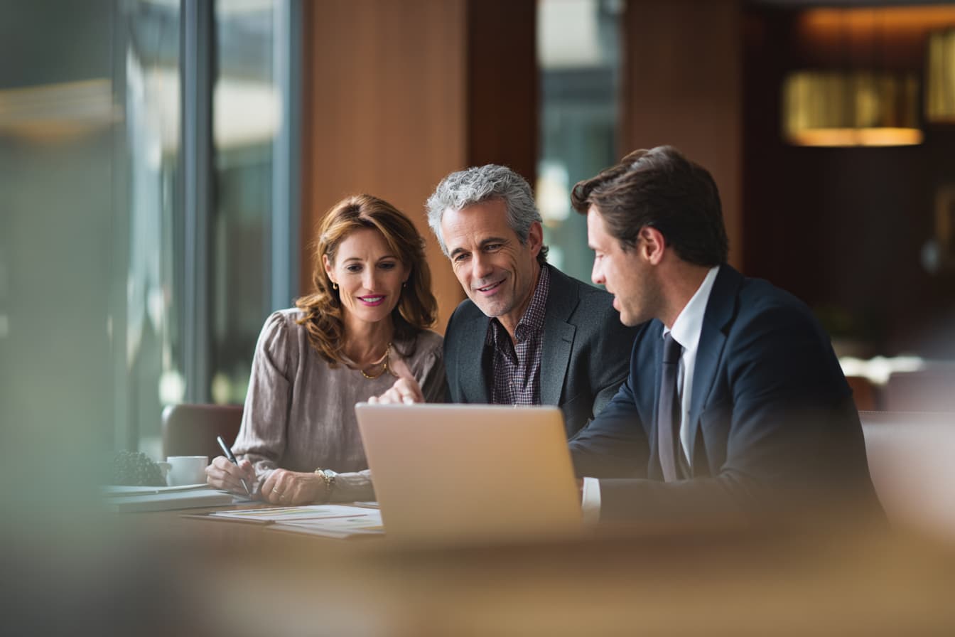 Three business professionals discussing work while looking at a laptop in a modern office.