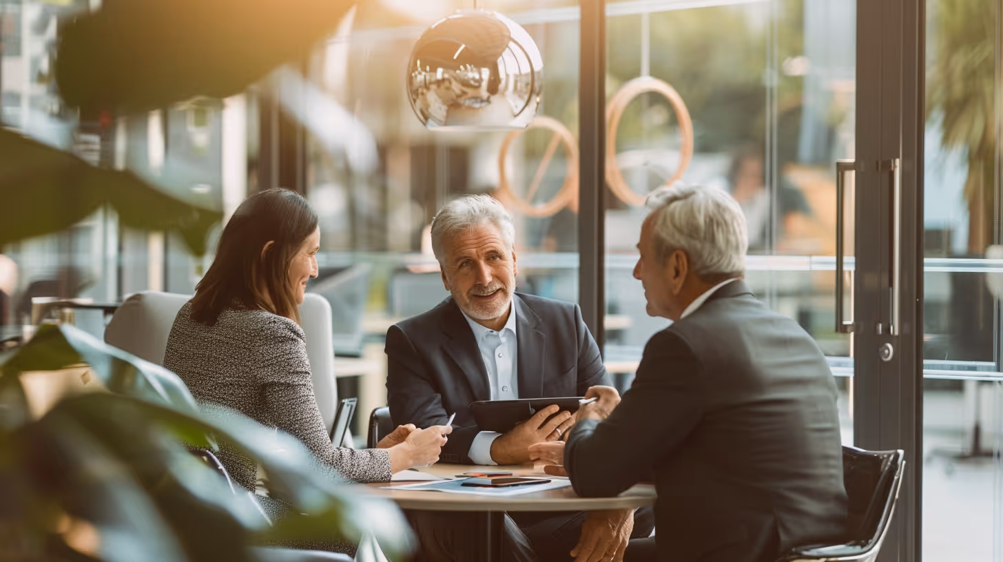 Three business professionals having a meeting and smiling around a table in a modern office with large windows.