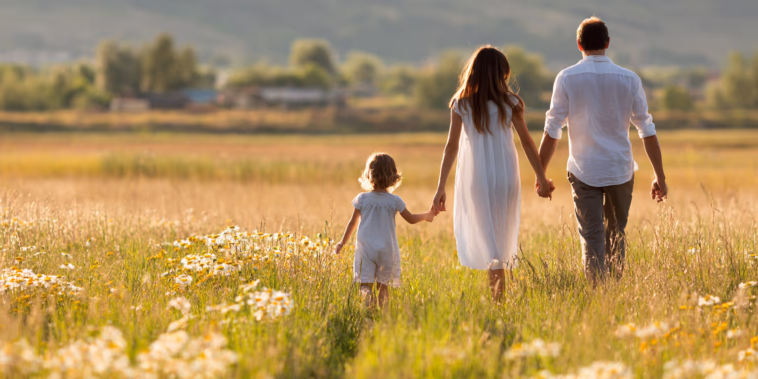 Family of three holding hands while walking through a sunlit field of wildflowers.
