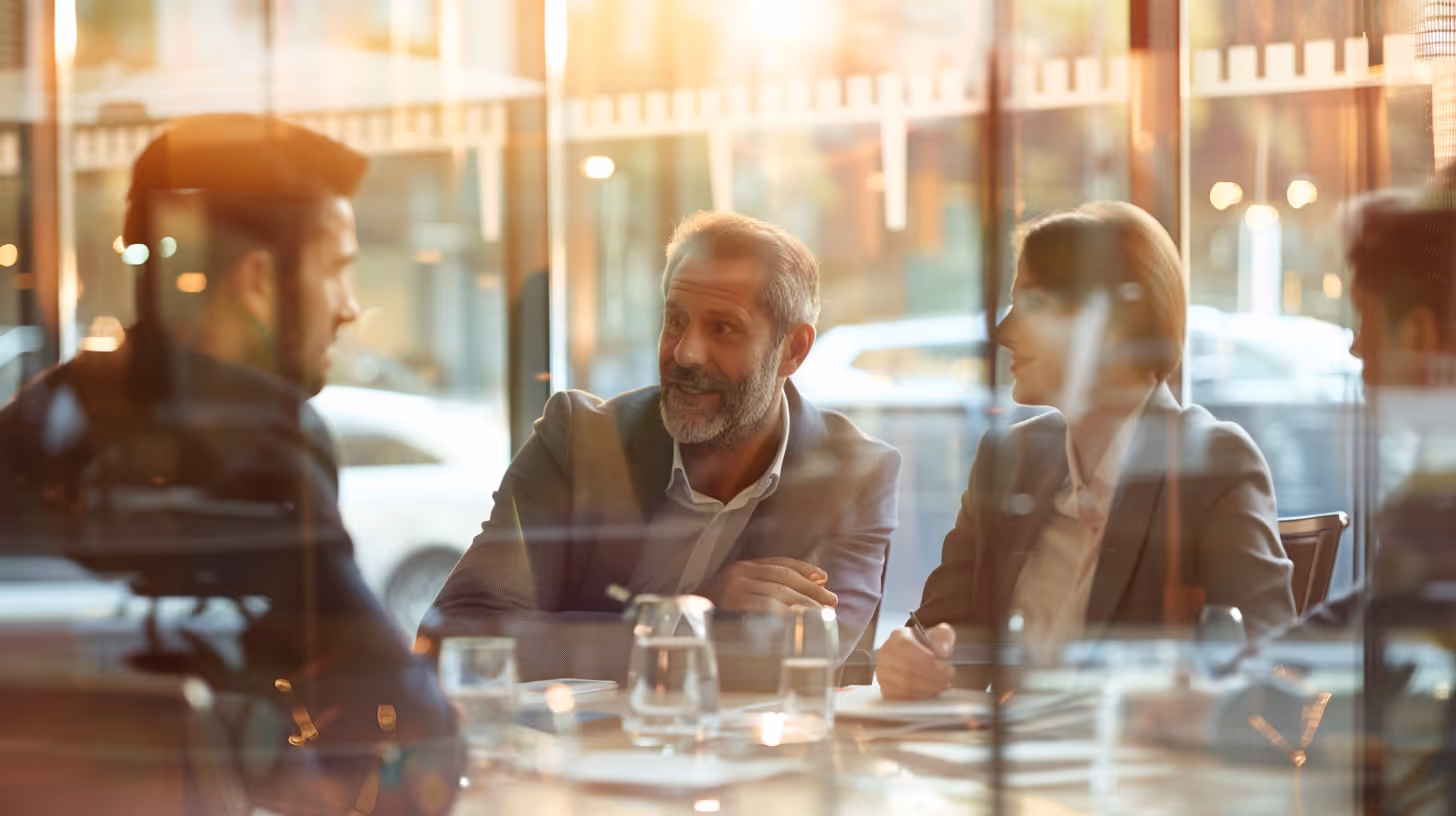 A group of four business professionals having a discussion around a meeting table with glasses of water and notebooks.
