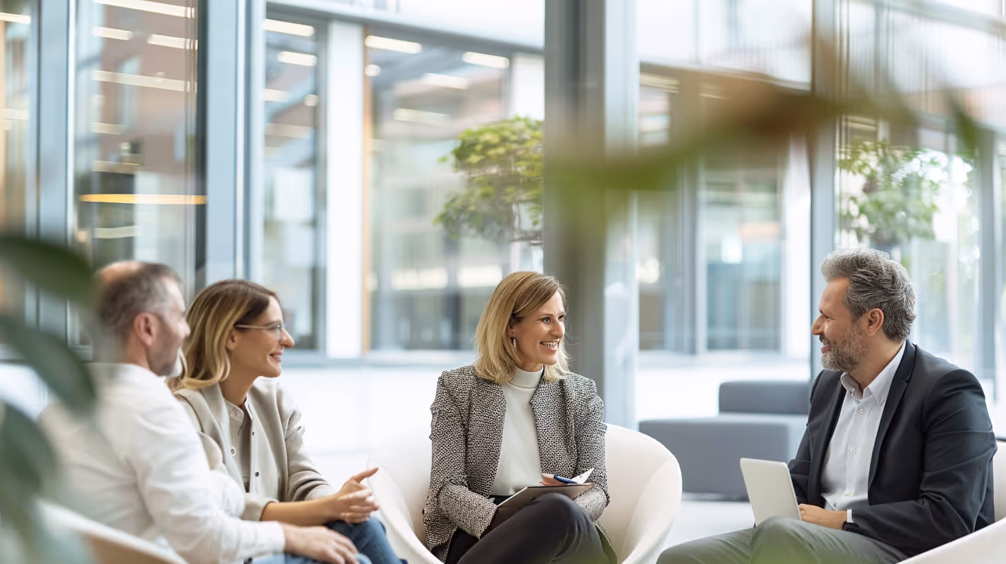 Four business colleagues engaging in a friendly meeting, seated in a modern office with large windows and plants.