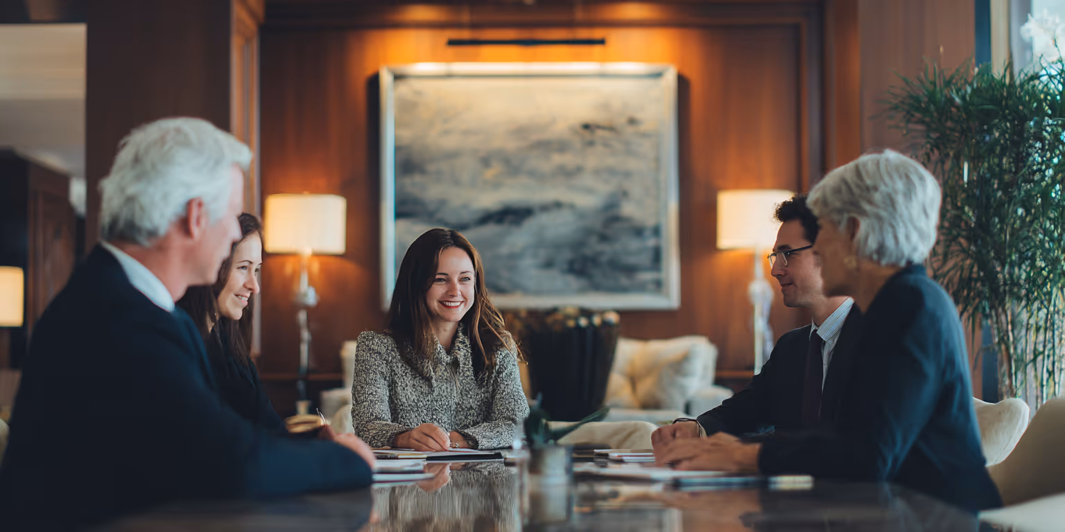 Five diverse business professionals in a meeting room having a discussion around a glass table.