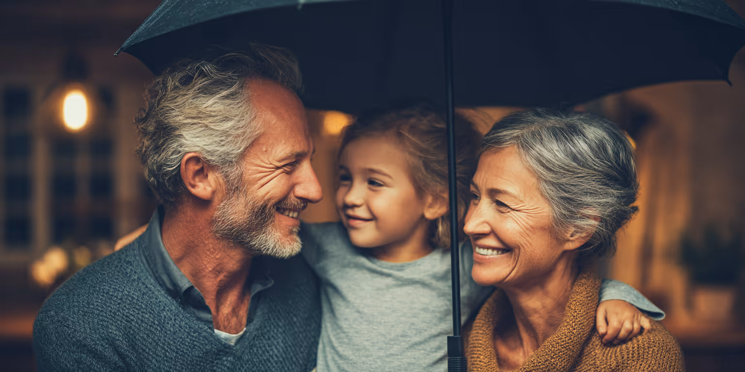 Smiling elderly man and woman holding a young girl under an umbrella.