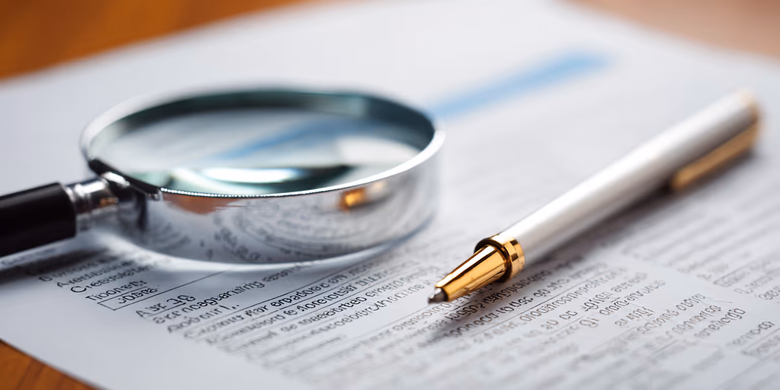 Magnifying glass and gold-accented pen resting on a document with printed and highlighted text.
