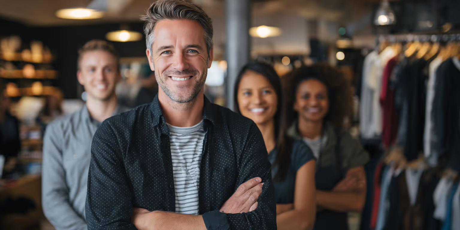 Smiling man with crossed arms stands in front of a diverse group of three people in a casual indoor setting.