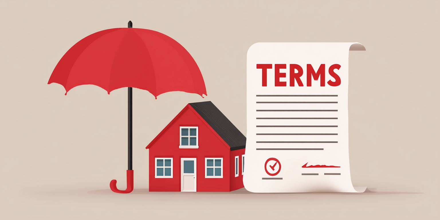 Red umbrella protecting a small red house next to a document titled 'TERMS' with a checkmark and signature.