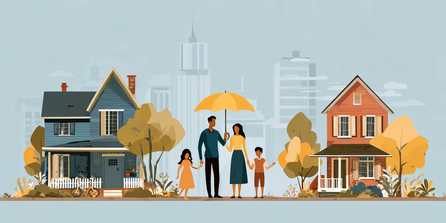 Illustration of a family of four standing between two houses, with the parents holding a yellow umbrella and each child holding a parent’s hand.