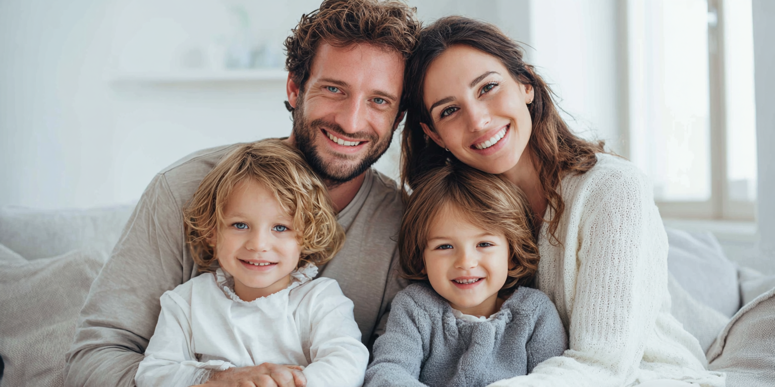 Smiling family of four with two children sitting closely together on a couch in a bright living room.