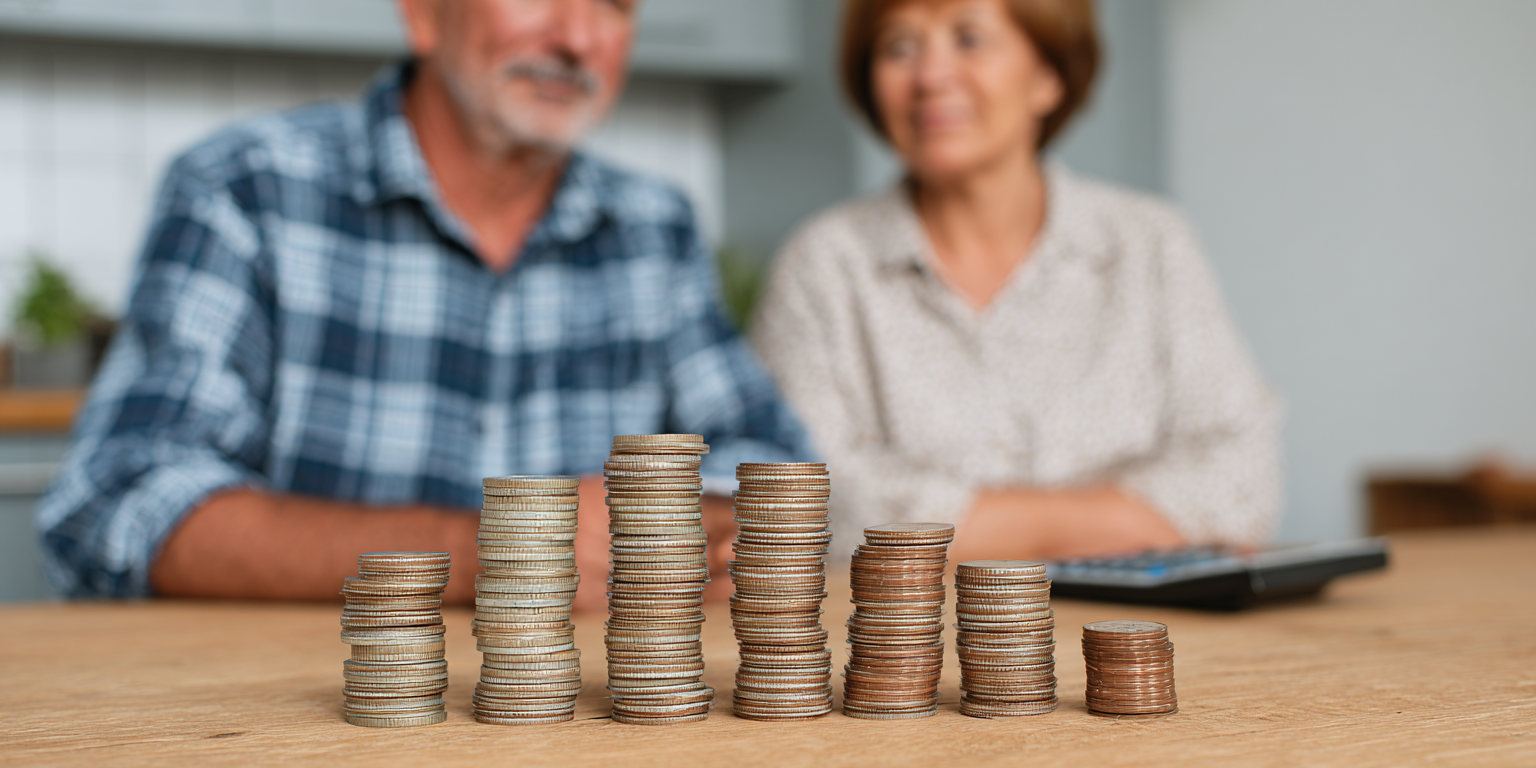 Seven ascending stacks of coins on a wooden table with an elderly couple blurred in the background.