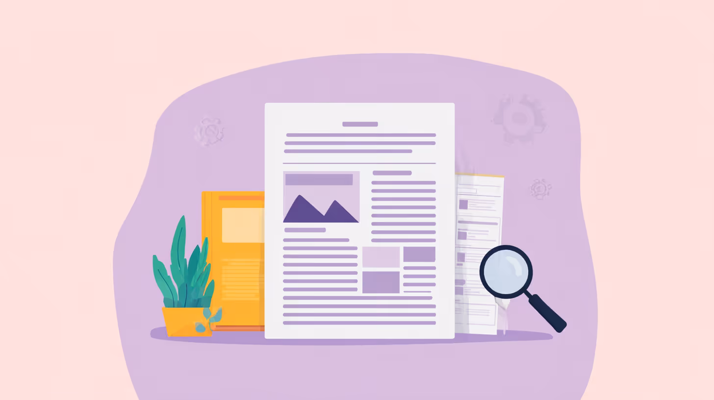 Illustration of documents with text and images, a yellow book, a green potted plant, and a magnifying glass on a purple background.