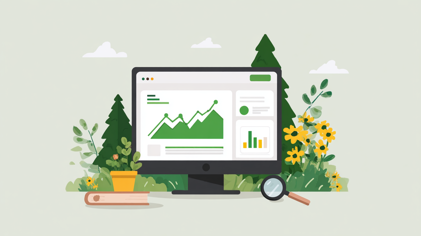 Computer monitor displaying green line and bar charts, surrounded by plants, flowers, a book, and a magnifying glass.