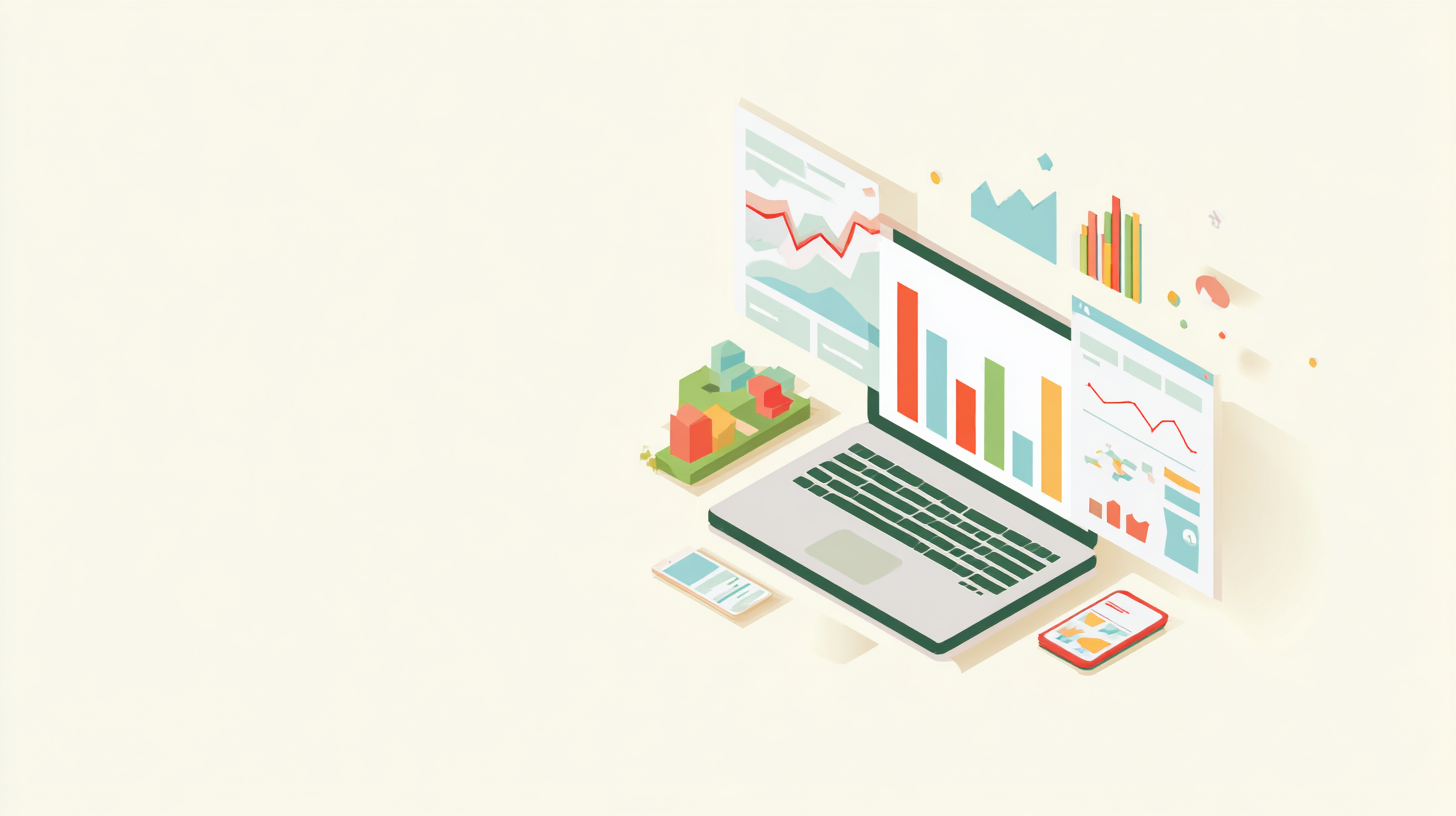 Isometric illustration of a laptop and two smartphones displaying colorful bar charts and data visualizations with floating charts in the background.