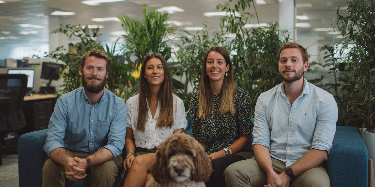 Two men and two women sitting on a blue couch in an office with green plants behind them and a brown curly-haired dog in front.