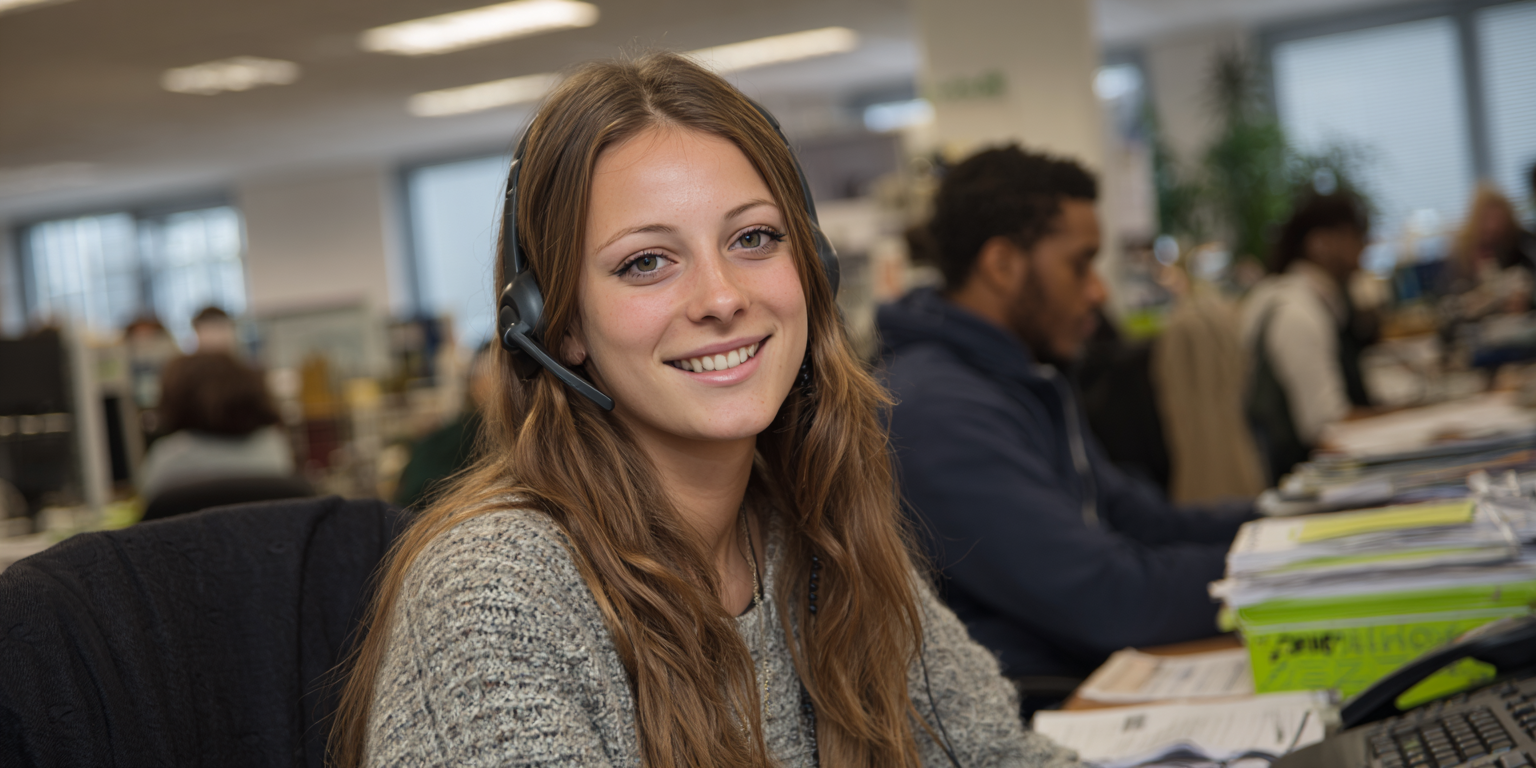 Smiling woman with long hair wearing a headset at her desk in a busy office environment.