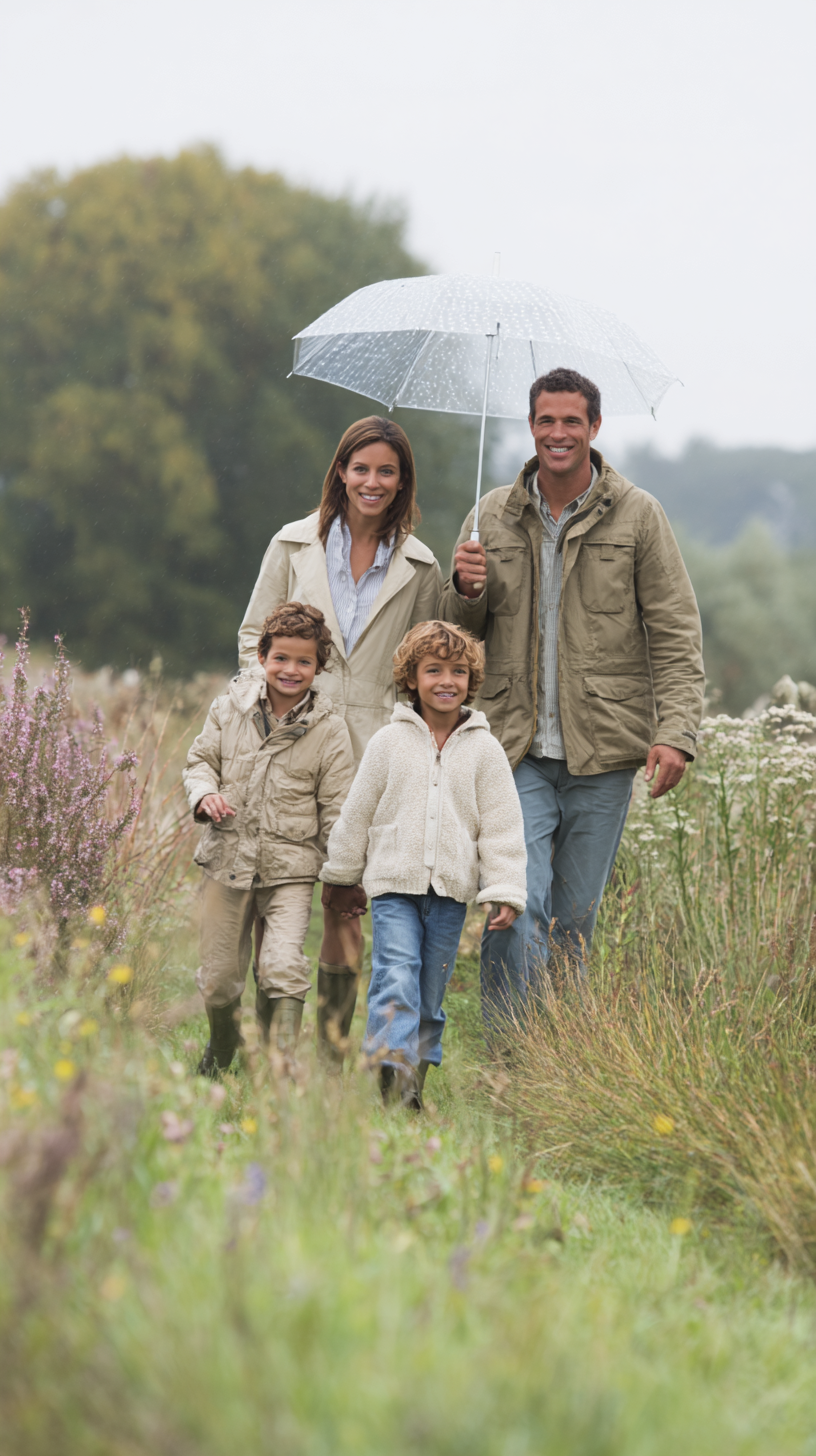 Smiling family of four walking outdoors in light rain, with father holding a polka-dot umbrella.