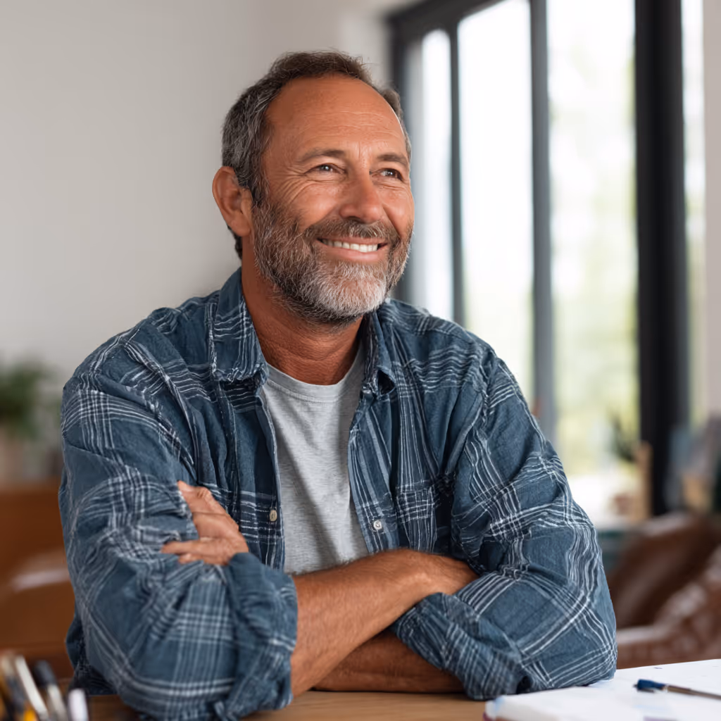 Smiling middle-aged man with a beard and plaid shirt sitting at a table with arms crossed in a bright room.