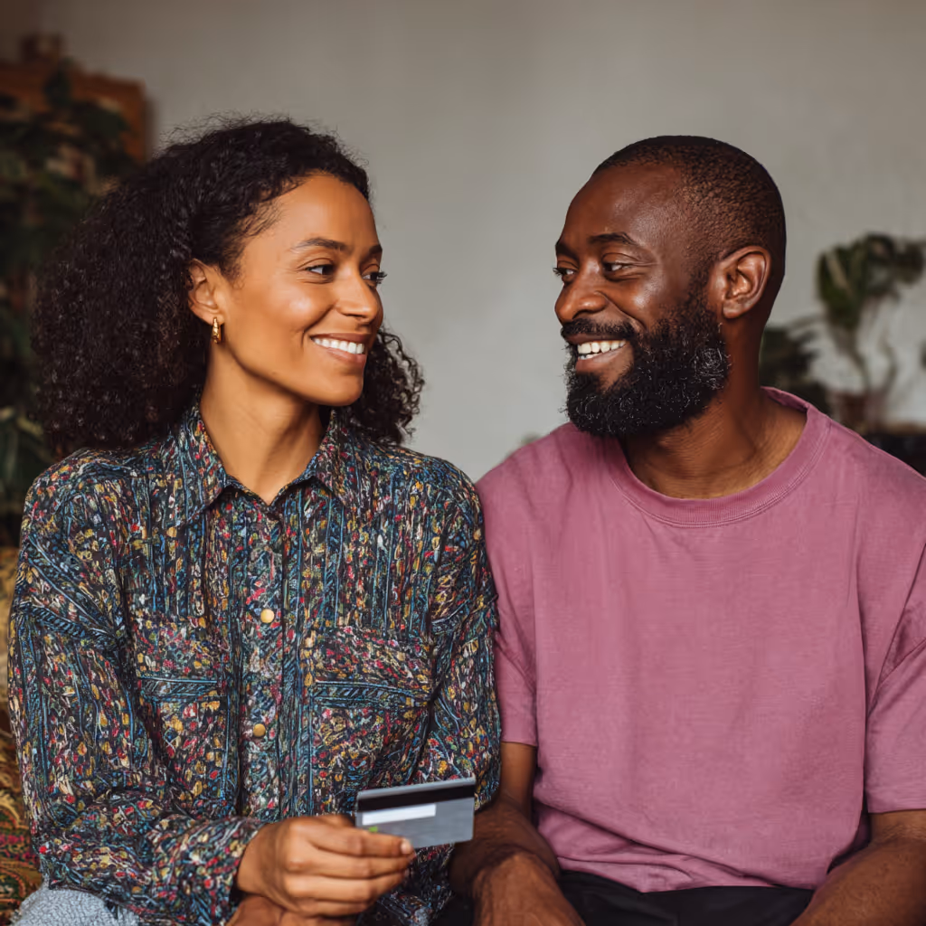Smiling couple sitting close together, with woman holding a credit card.