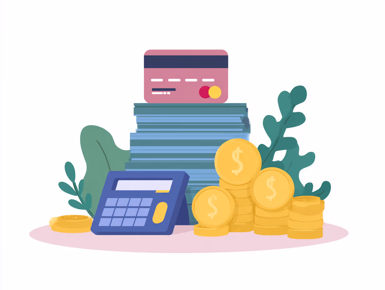 Illustration of a stack of money with a credit card on top, a calculator, and piles of gold coins with dollar signs, surrounded by green leaves.