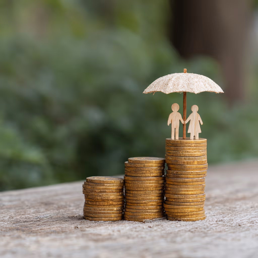 Three stacks of gold coins increasing in height with wooden figures of a man and woman holding hands under an umbrella on the tallest stack.