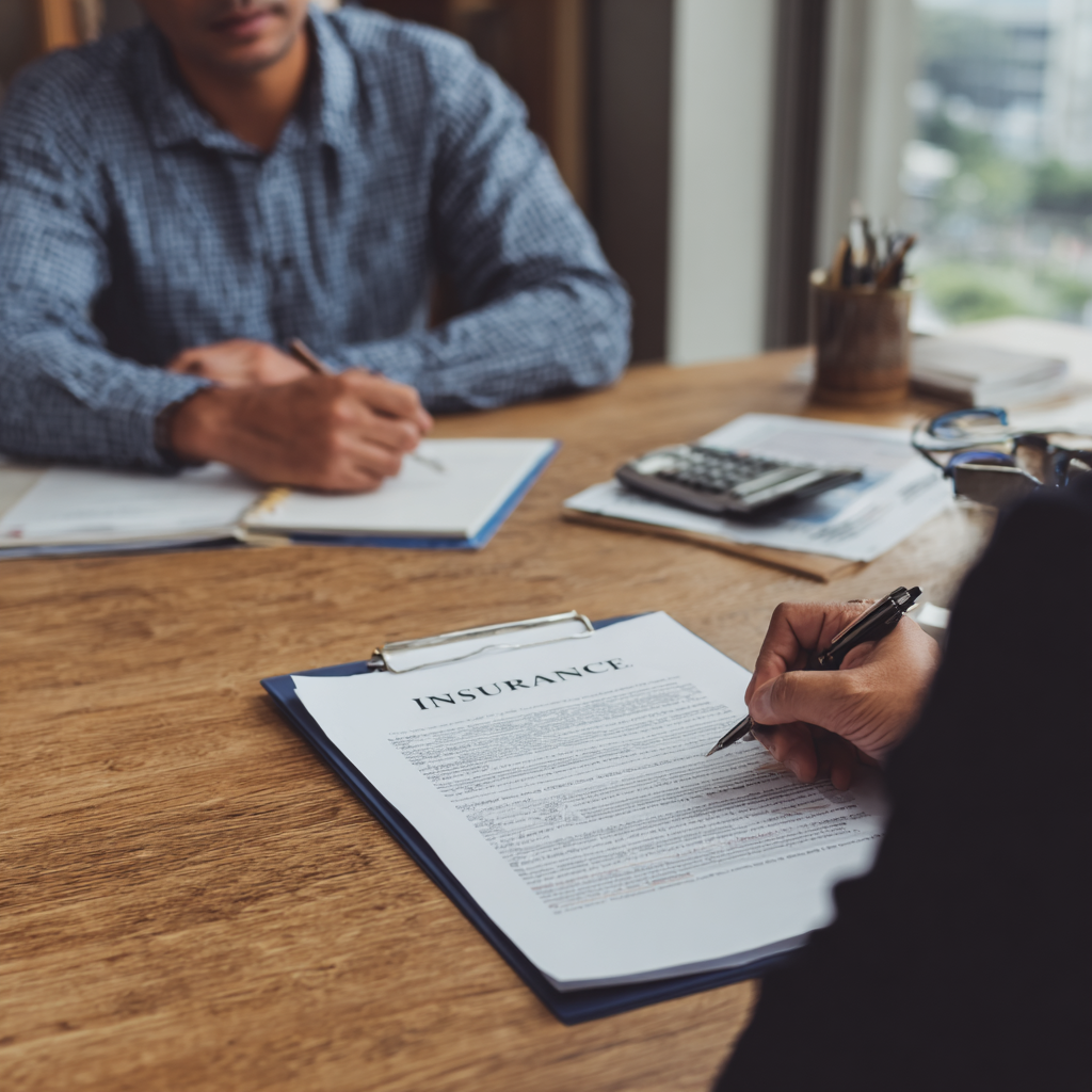 Person signing an insurance document on a clipboard at a wooden table with another person taking notes.