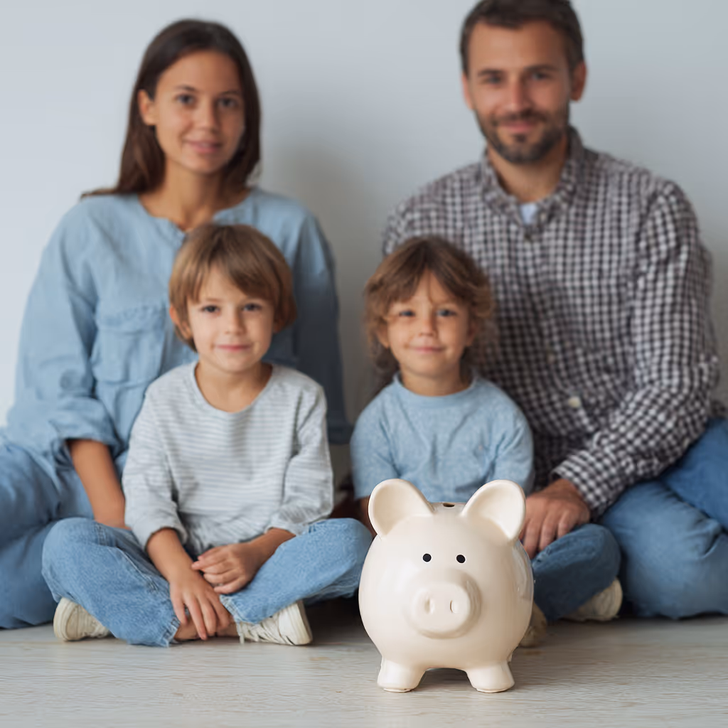 Smiling family of four sitting on floor behind a large white piggy bank.