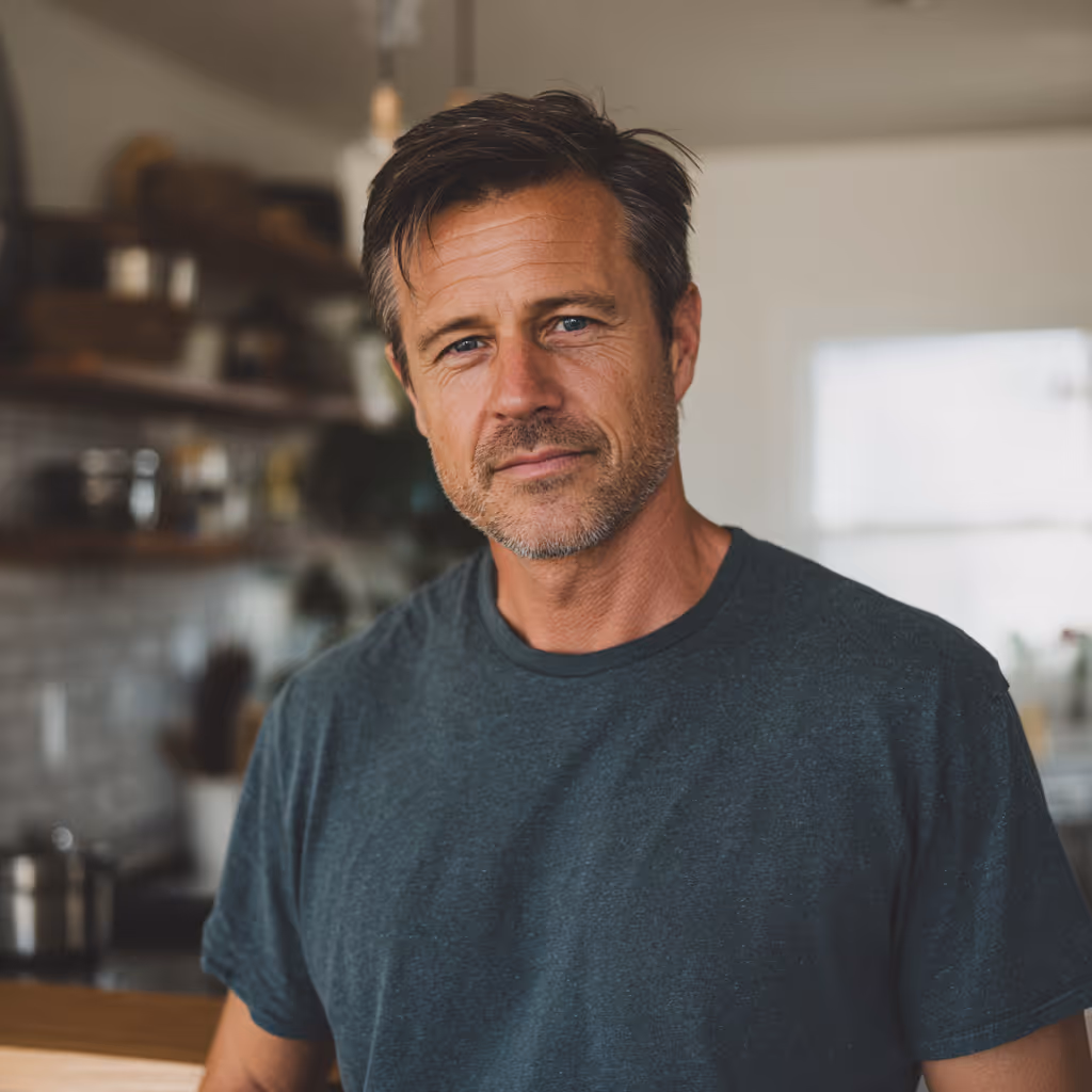 Middle-aged man with short brown hair and beard wearing a dark gray t-shirt, standing in a cozy kitchen.