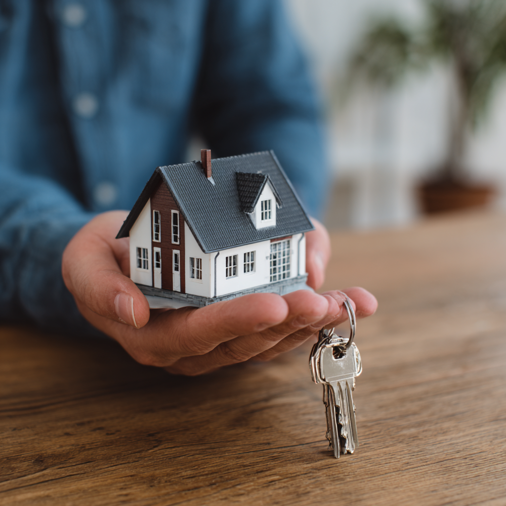 Person holding a miniature house model in one hand and a set of keys hanging from fingers over a wooden table.