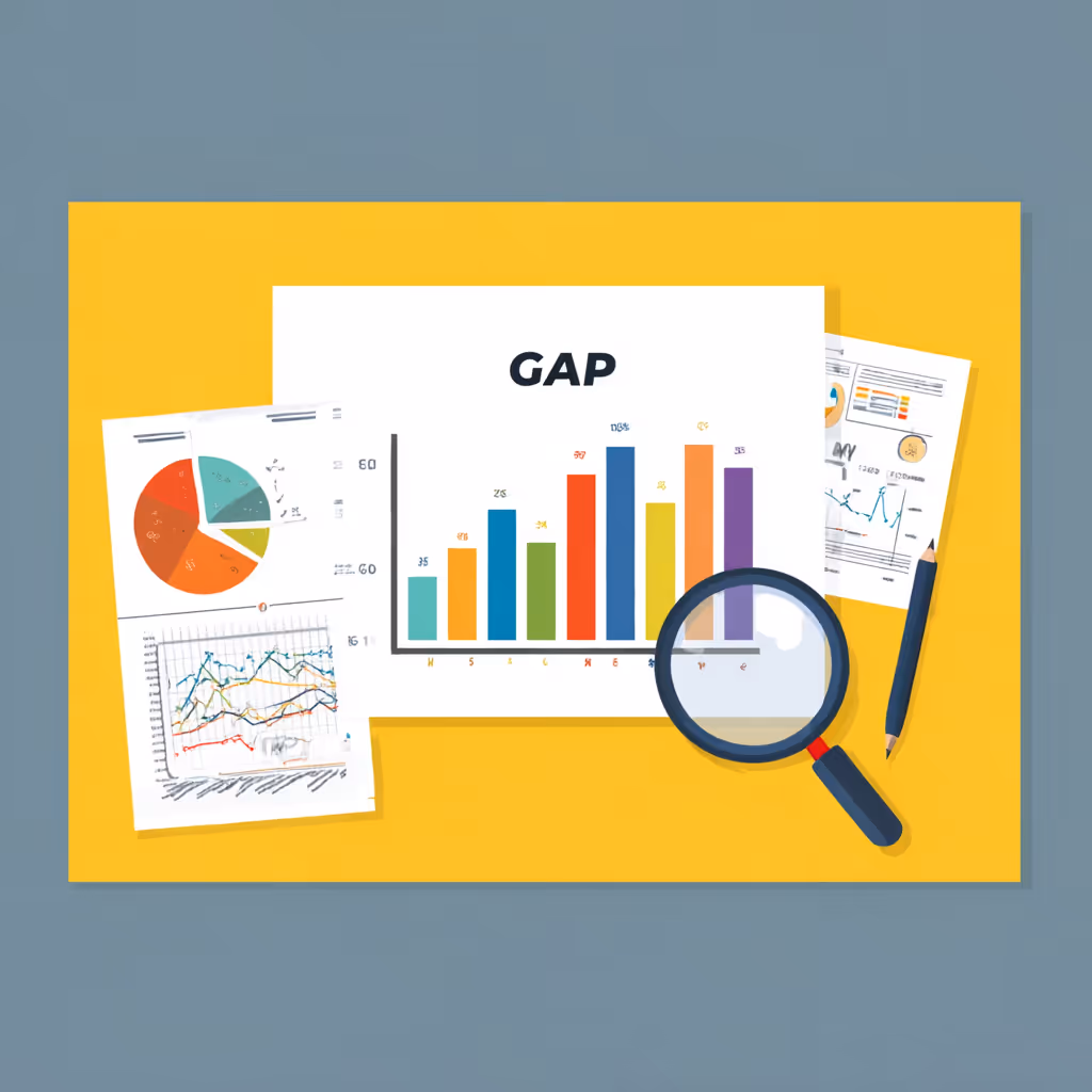 Bar chart titled 'GAP' with colorful bars representing data, accompanied by pie and line charts, a magnifying glass, and a pencil on a yellow surface.