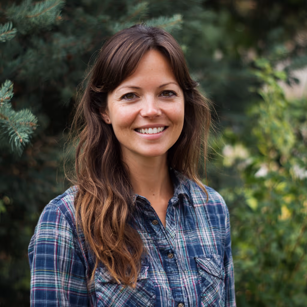 Smiling woman with long brown hair wearing a blue plaid shirt standing outdoors with greenery in the background.