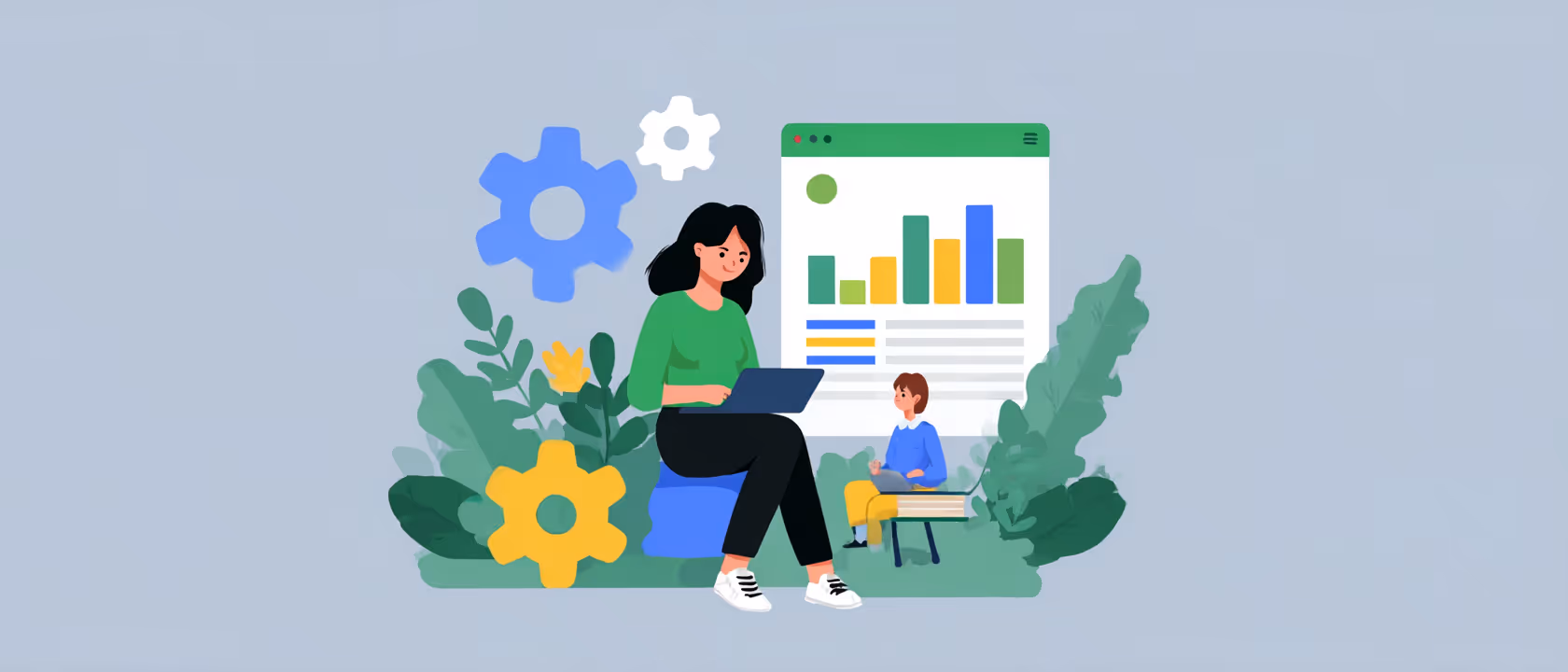 Illustration of a woman using a laptop with a child sitting nearby, large gear icons, plants, and a chart with colorful bar graphs in the background.