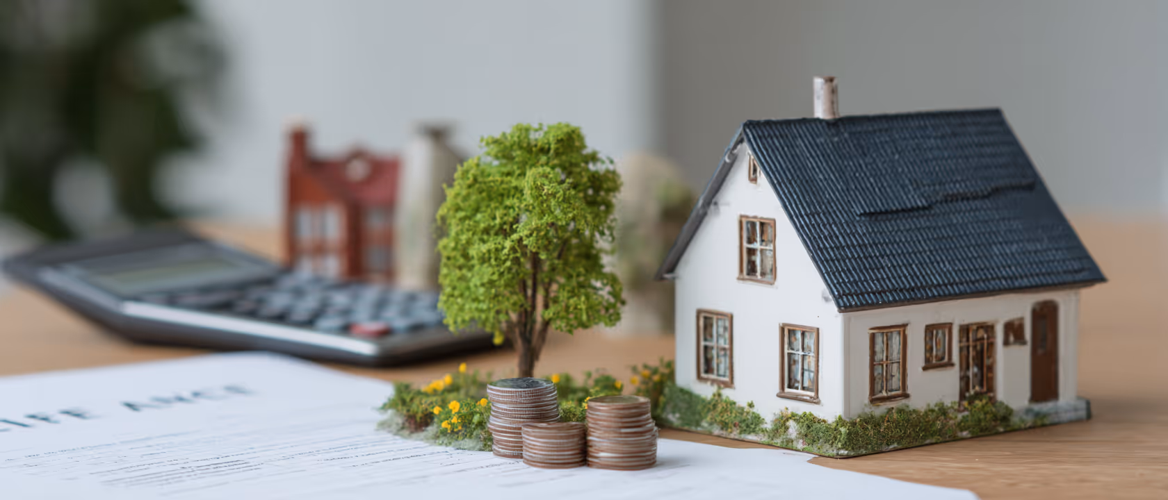 Miniature model of a white house with black roof, a small tree, stacks of coins, and a calculator on a wooden table.