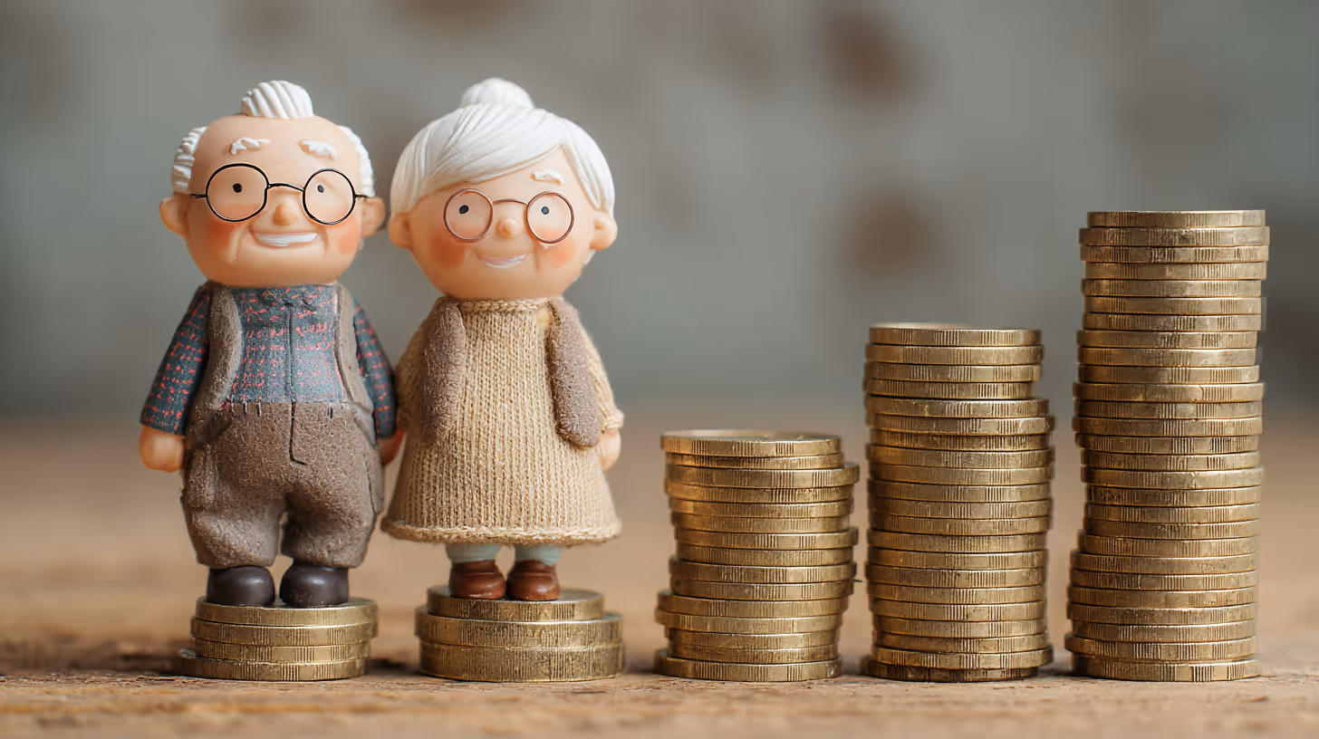 Figurines of an elderly couple standing on stacks of coins next to increasing stacks of coins symbolizing retirement wealth growth.