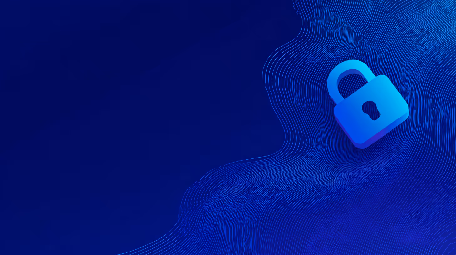 Blue padlock icon on a dark blue abstract background with flowing curved lines.