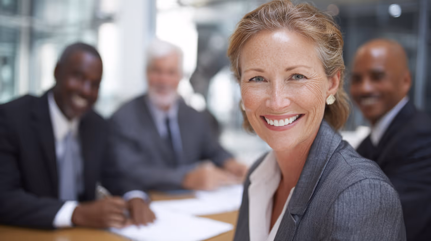 Smiling businesswoman in a gray blazer with three colleagues in suits blurred in the background around a conference table.