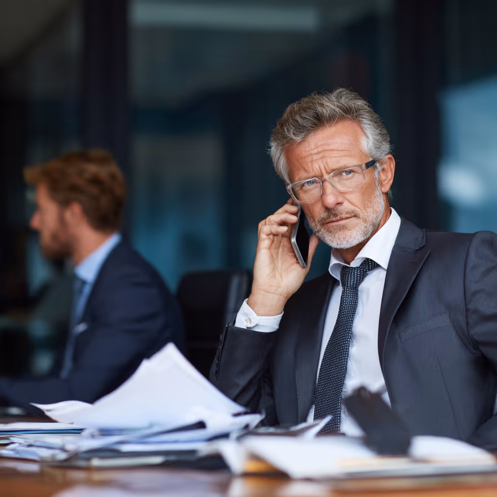 Older businessman in glasses talking on a smartphone in an office with papers on the desk.
