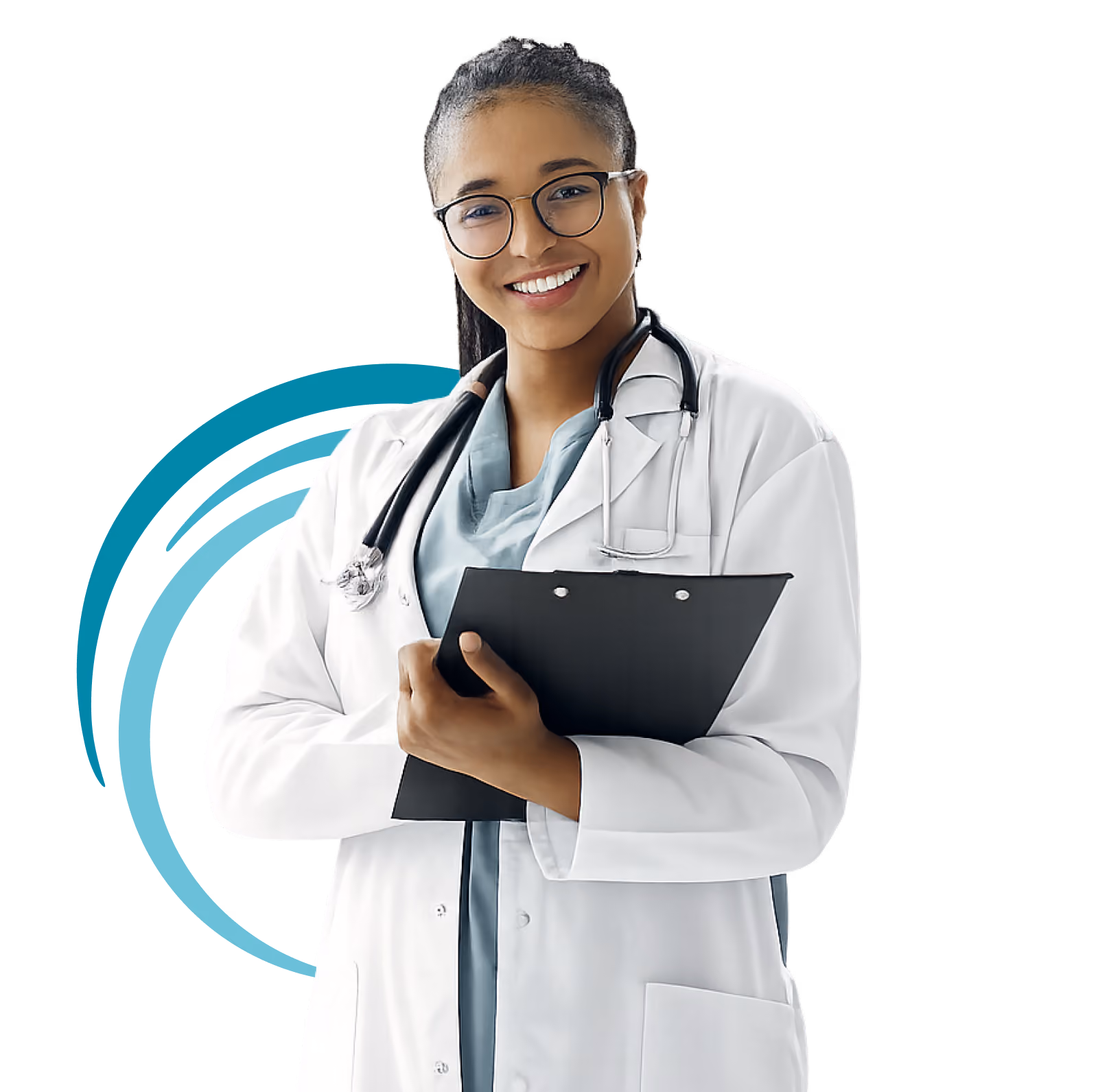 Smiling female doctor wearing glasses, a white coat, and stethoscope holding a clipboard.