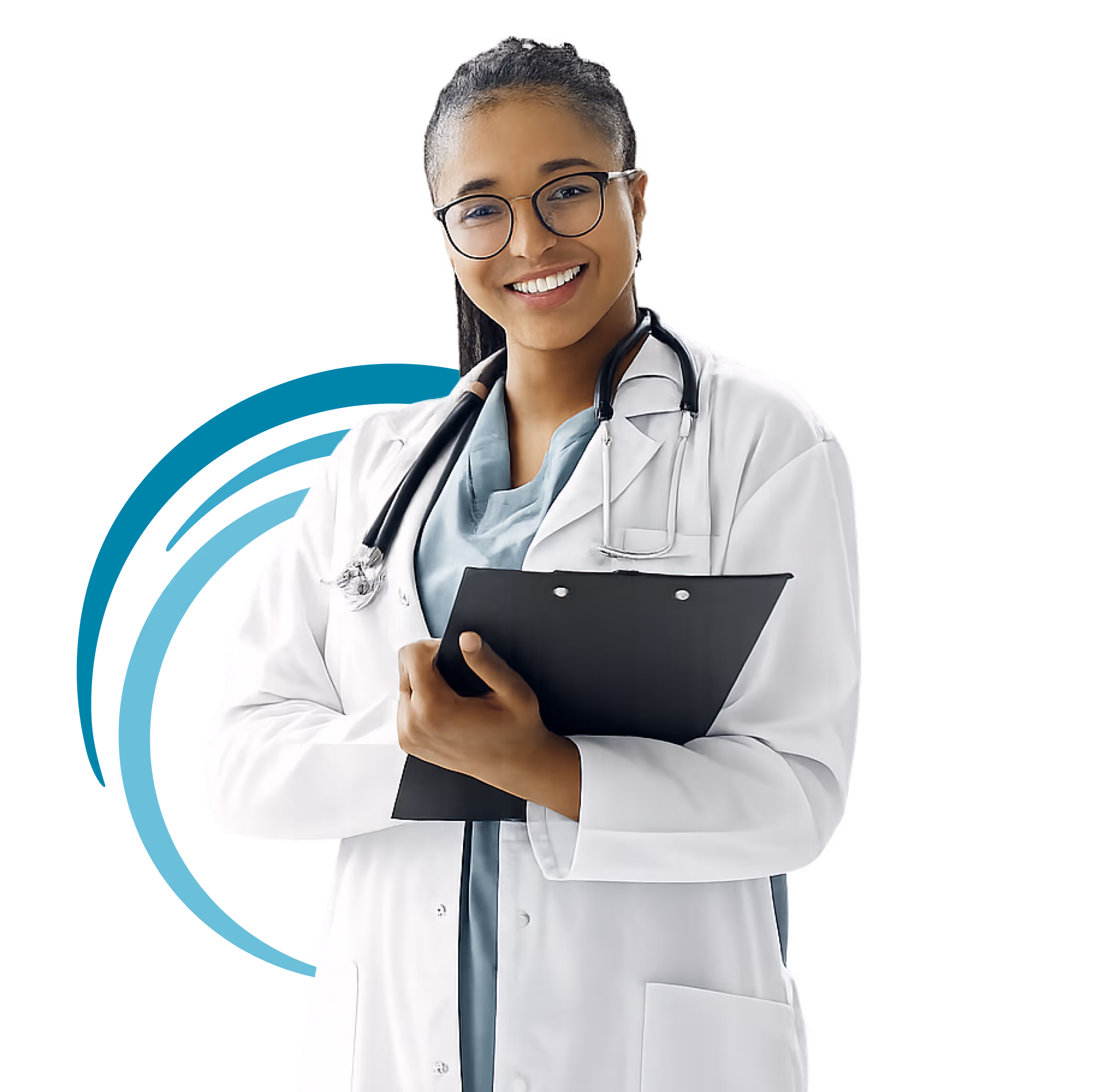 Smiling female doctor wearing glasses, a white coat, and stethoscope holding a clipboard.