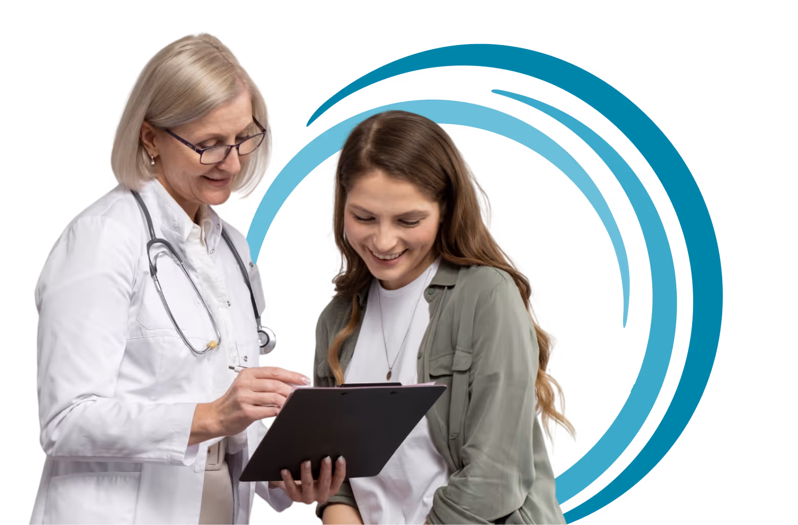 Female doctor with stethoscope showing clipboard to smiling young woman.