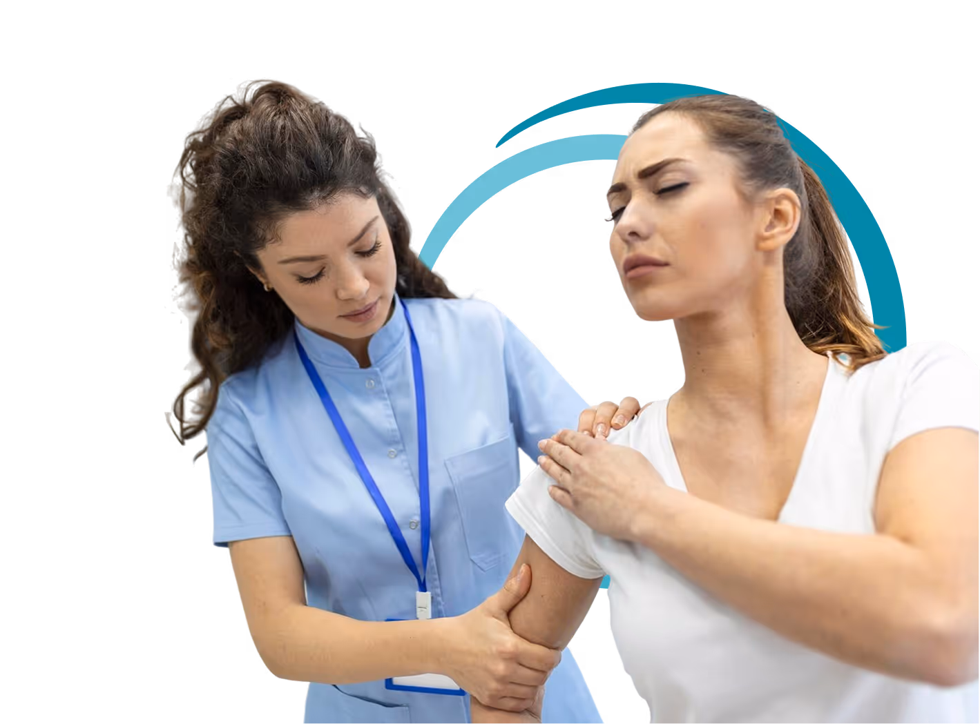 Healthcare professional in blue uniform examining the arm of a woman who appears to be in shoulder pain.