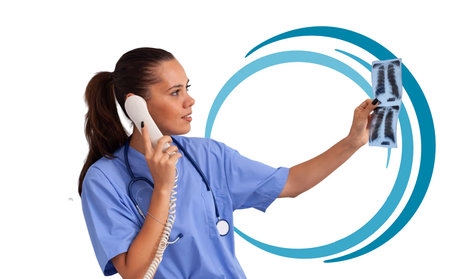 Female healthcare professional in scrubs holding a telephone and examining lung X-ray images.