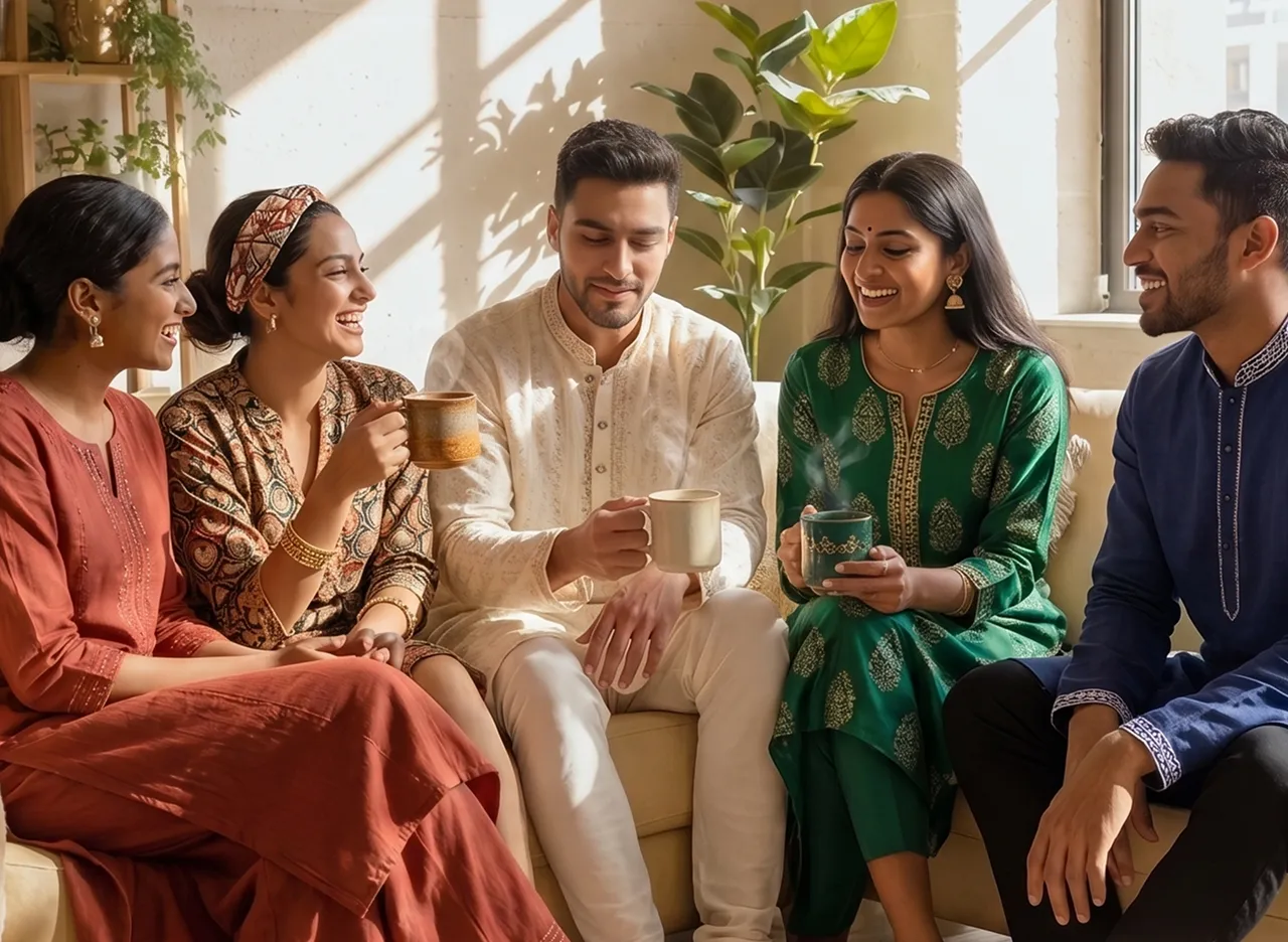 Five young adults in traditional attire sitting on a couch, smiling and holding mugs of hot beverages.