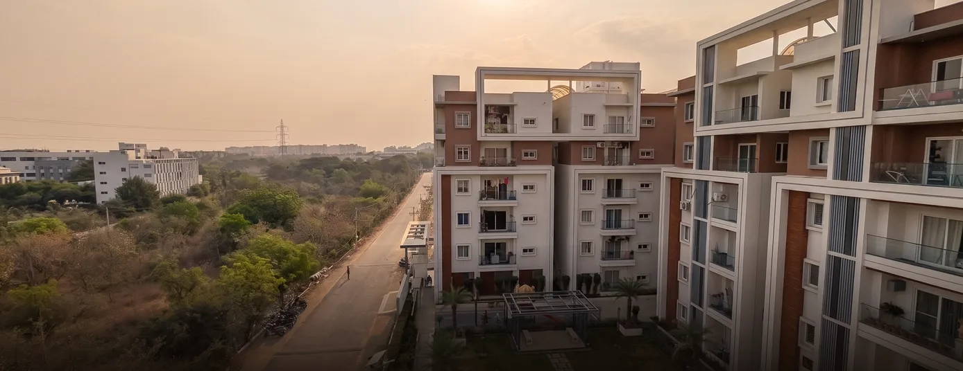 Modern residential apartment buildings next to a tree-lined road at sunset.