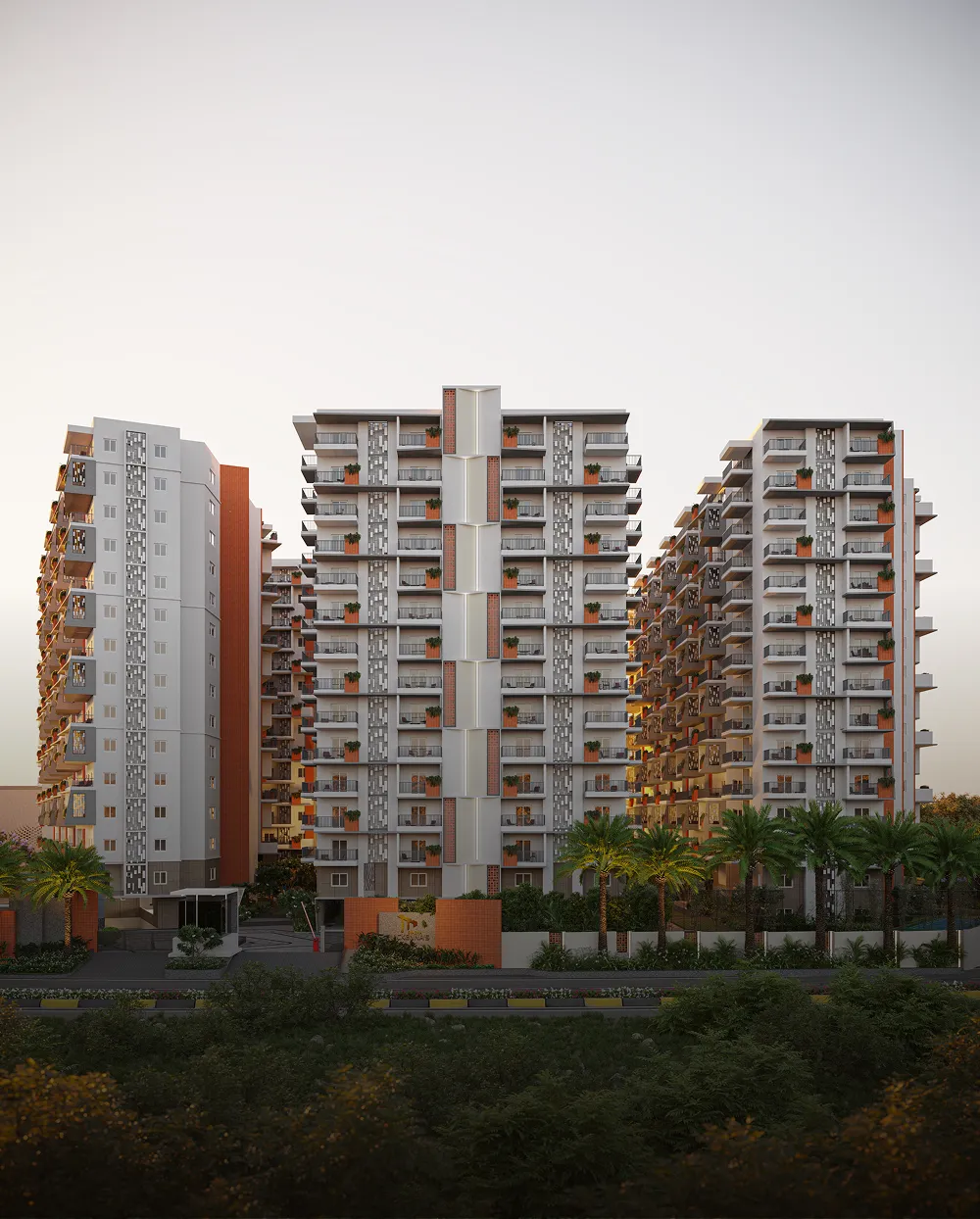 Modern multi-story residential apartment buildings with balconies and decorative panels, surrounded by palm trees and greenery.